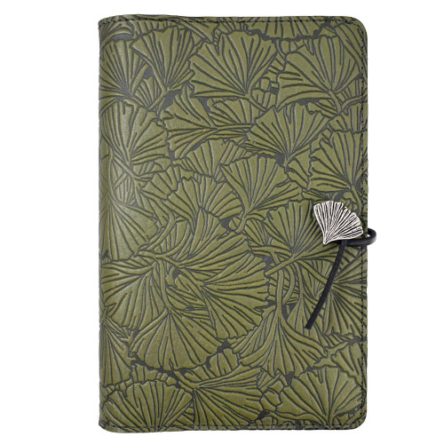 Embossed Leather Journal with Green Ginkgo Leaves