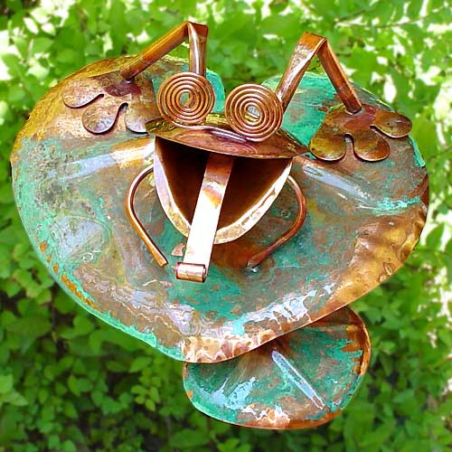 Handcrafted Copper Frog on Lily Pad Garden Stake