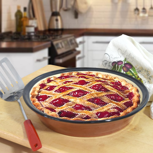 Terra Cotta Pottery Deep Dish Pie Plate, Queen Anne's Lace Motif