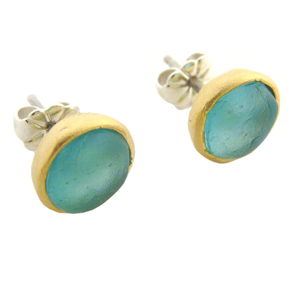 Artisan Glass & Gold Plate Circle Studs : Teal