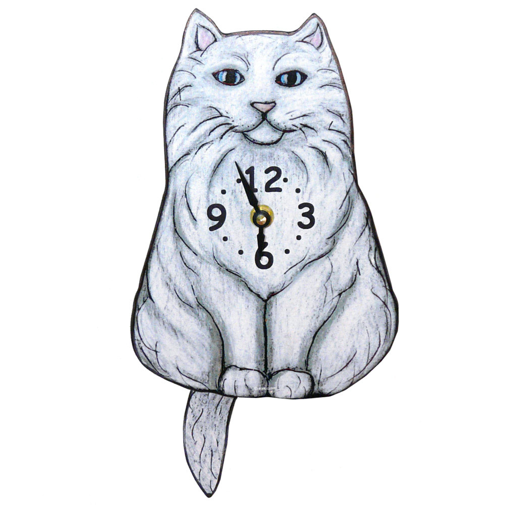 Tail-Wagging Cat Clock: Fluffy White Cat