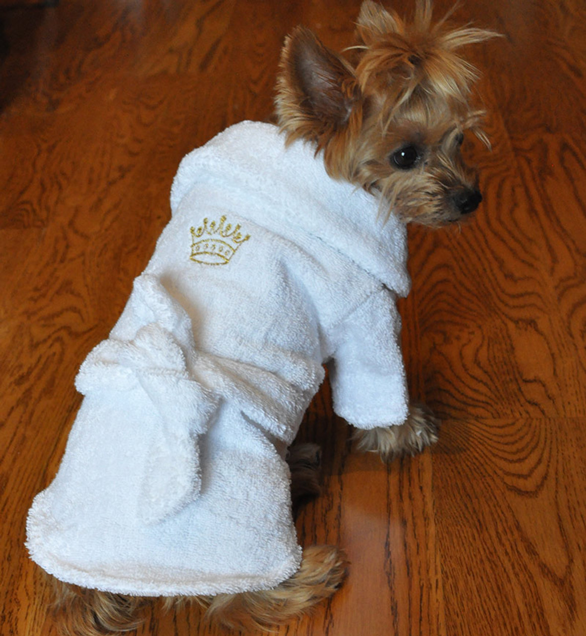 Dog deals in bathrobe