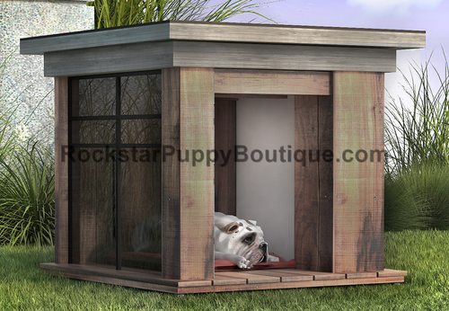 sandblasted hemlock dog house with tempered glass panel