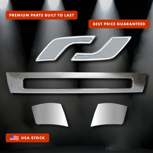 Central Bumper Strip, Corners Chrome Trim, Air Intake Vents Set 2004-2015 Volvo VNL