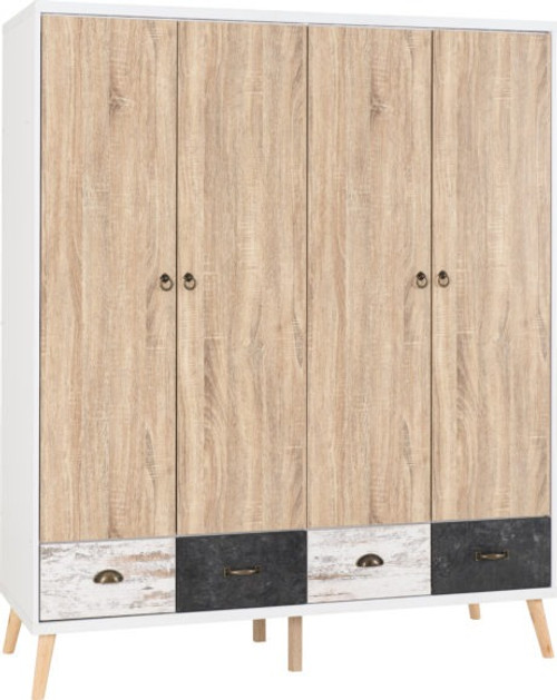 Nordic 4 Door 4 Drawer Wardrobe White/Distressed Effect