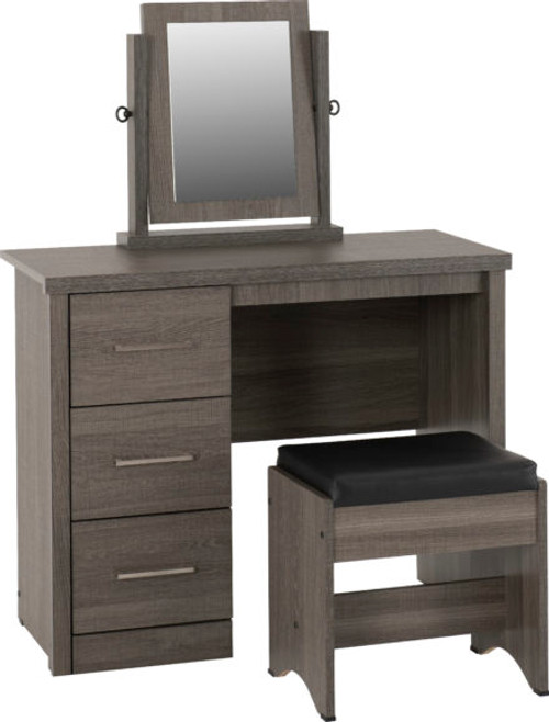 Lisbon 3 Piece Dressing Table Set with Mirror Black Wood Grain/Black Faux Leather