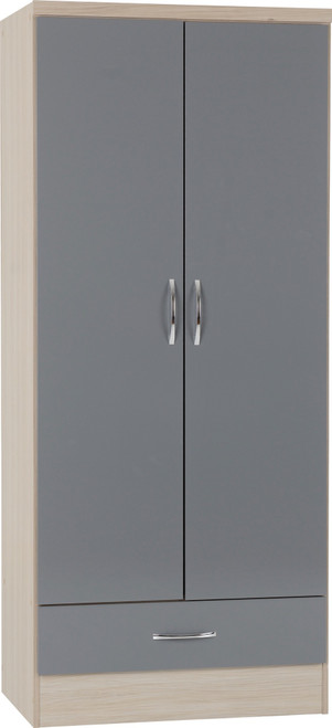 Nevada 2 Door 1 Drawer Wardrobe Grey Gloss/Light Oak Effect Veneer