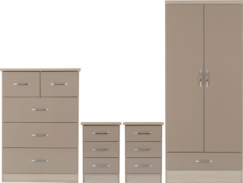 Nevada 2 Door 1 Drawer Wardrobe Bedroom Set Oyster Gloss/Light Oak Effect Veneer