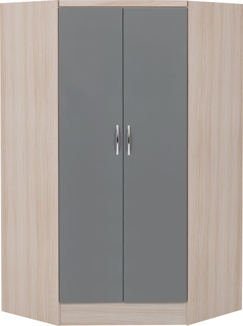 Nevada 2 Door Corner Wardrobe Grey Gloss/Light Oak Effect Veneer