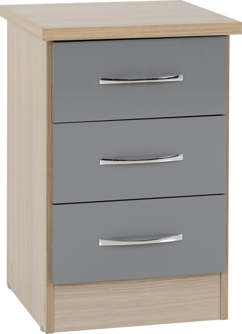 Nevada 3 Drawer Bedside Chest Grey Gloss/Light Oak Effect Veneer