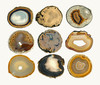 Set of 6 Natural Agate Slab drink coaster sized slices for use as drink coasters, cork backing, with holder.