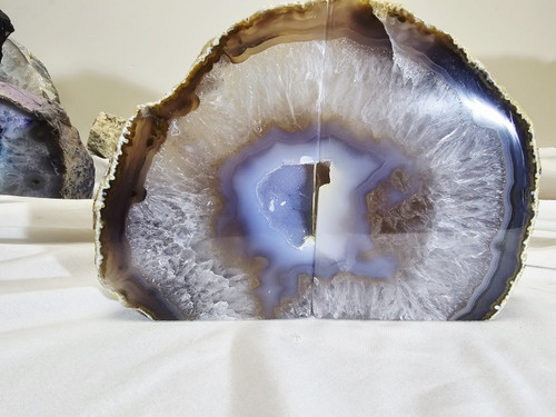 Artist Grade Natural Agate Geode with Blue Lace Agate Crystal Center; Book End Style Cut