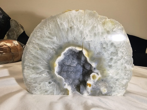 Artist Grade Natural Boulder Agate Geode with Blue Agate Crystal Center - Book End Style Cut Artist Grade Natural Boulder Agate Geode with Blue Agate Crystal Center - Book End Style Cut