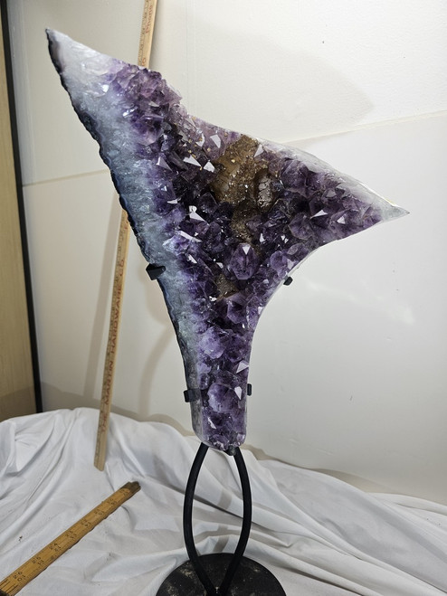 Brazilian Amethyst Crystal Cluster Slab / Sculpture On Stand - with caclite -  almost 21" Tall
