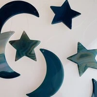 Moon And Star Shaped Green Colored Agate Slab Wind Chime with Bamboo style hanger - Large