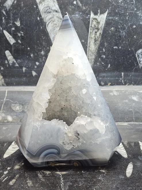 Elongated Hexagonal Agate Tower with clear quartz druzy center cave