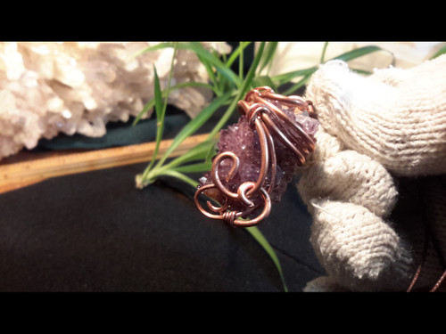 Natural Amethyst Crystal Druze Copper Wire Tesla Wrapped Pendant