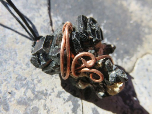 Shiny Black Schorl Tourmaline Crystal Copper Wire Wrapped Pendant - Tesla Wrap