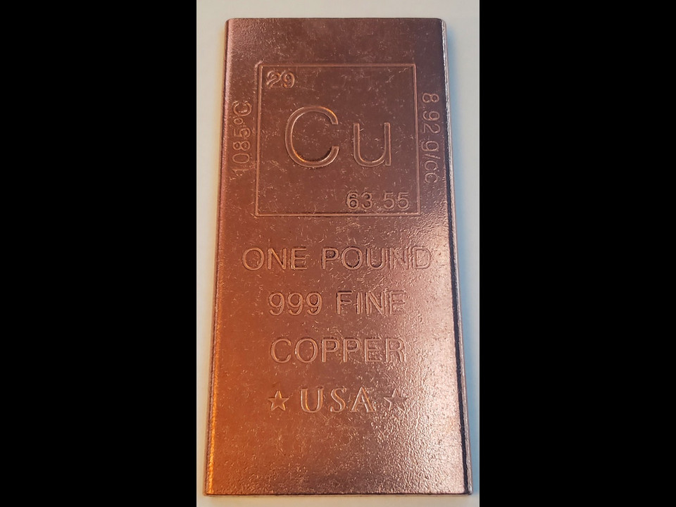 Copper Ingot 1 Pound .999 Fine Pure Bar - 16 Oz Copper Bullion