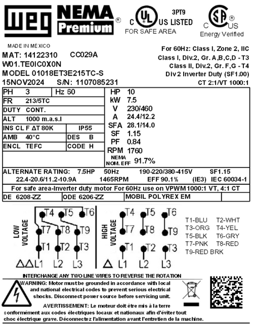 Motor 10HP/3Ph 215TC 1800