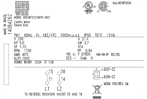 Motor 3HP/1Ph 184TC 1800RPM