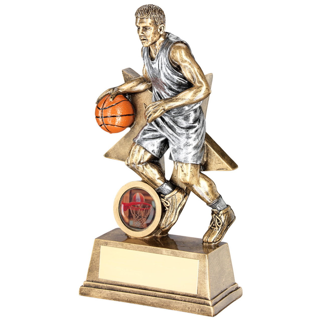 Resin basketball player figure trophy. 2 sizes at excellent prices and FREE personalised engraving included too!