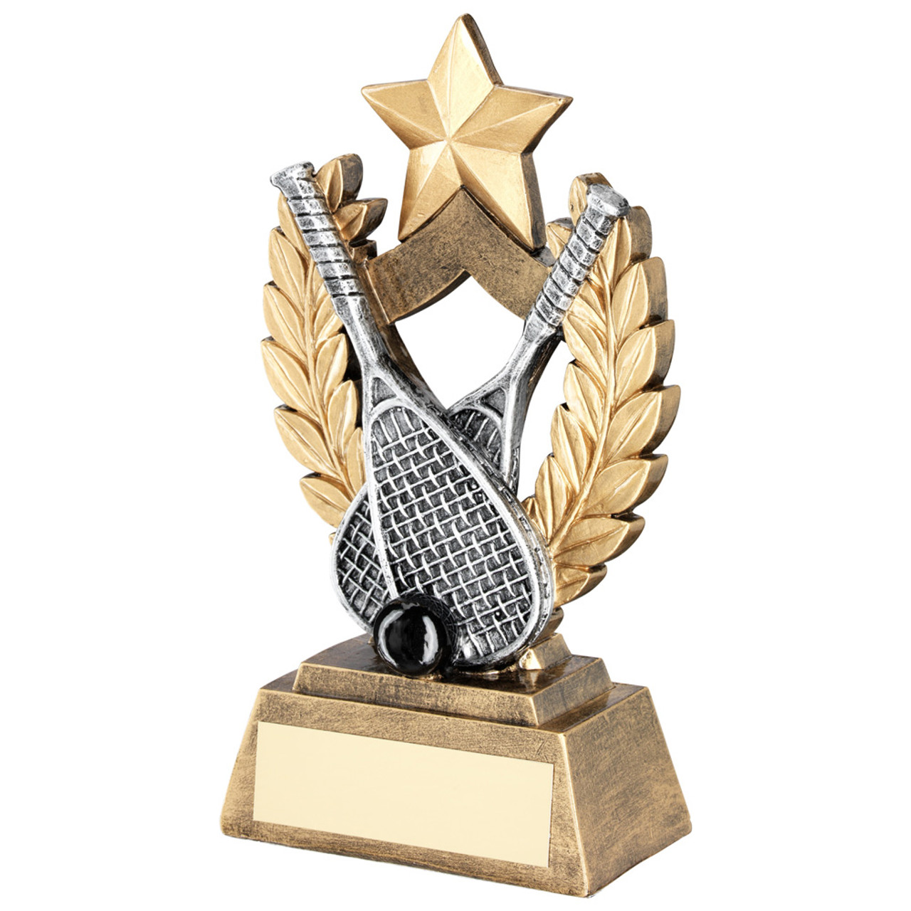 Silver Squash rackets and gold laurel leaves with a top star. This trophy is available in 2 sizes with FREE engraving.