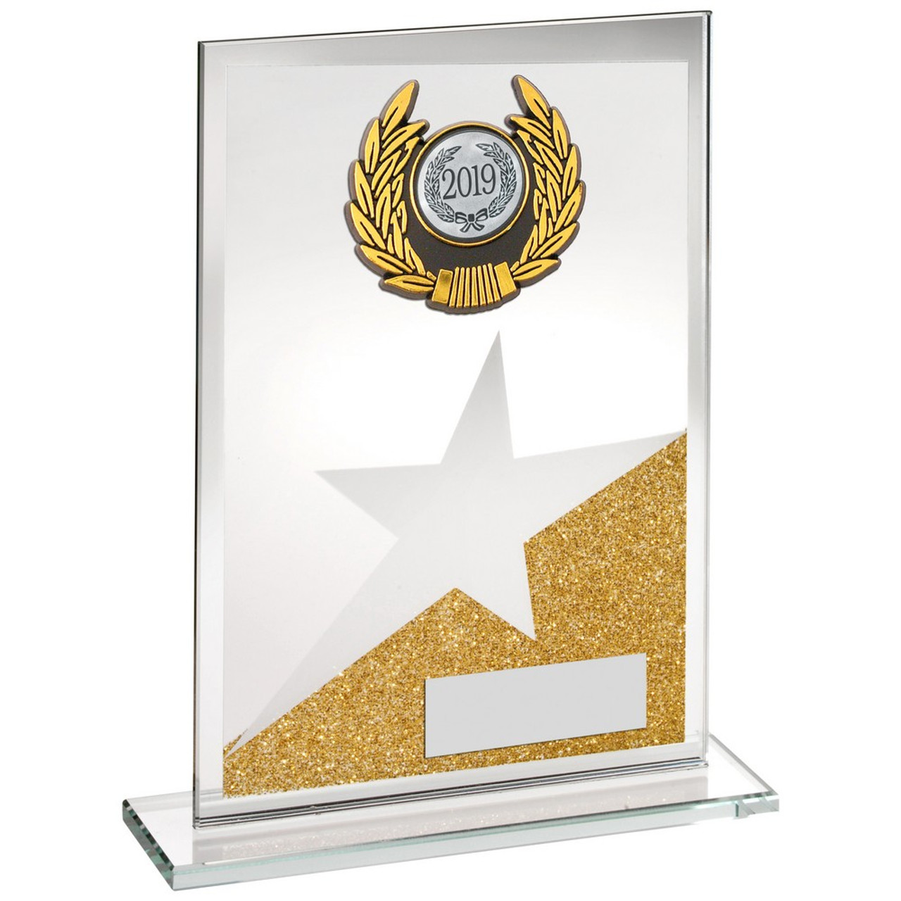 Gold glitter glass trim award with star. FREE engraving.