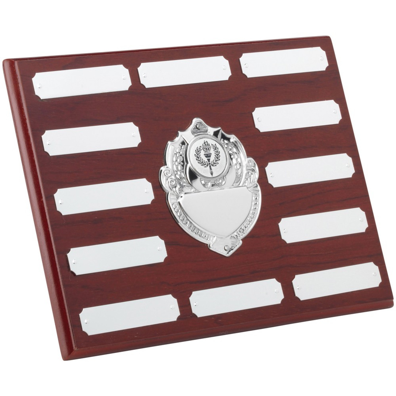 7 x 9" Mahogany 12 Year Engraving Plaque with 13 chrome engraving plates.