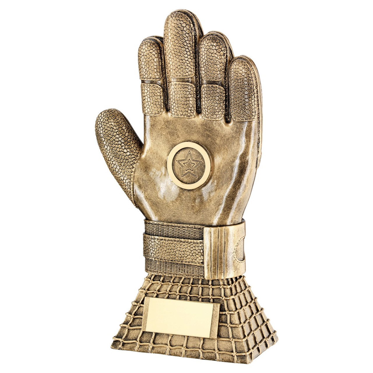 Resin football goalkeeper glove trophy.