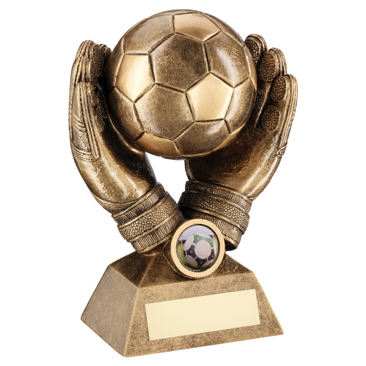 Double glove great catch goalkeeper football trophy with custom insert.