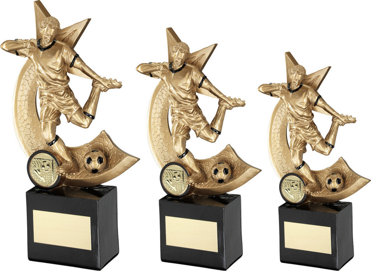 Star football scorer black & gold trophy in 3 sizes.