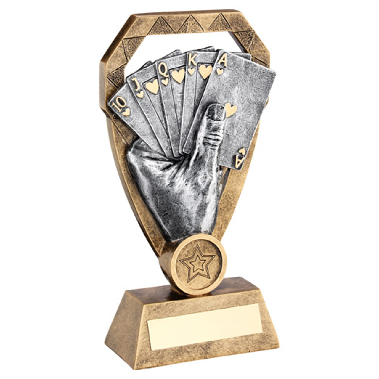 Royal Flush Card Games Poker Bridge Blackjack Diamond Trophy. A fabulous affordable prize with gold engraving plate and custom club logo/ centre insert.