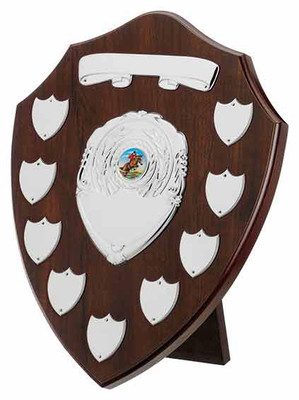 Cherry 9 Year Presentation Shield with 11 silver engraving plates