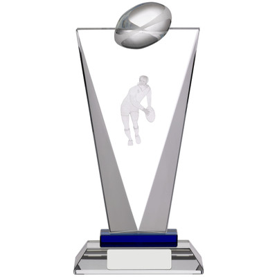Exquisite Pinnacle crystal glass rugby trophy with 3D laser image with FREE silk lined presentation box