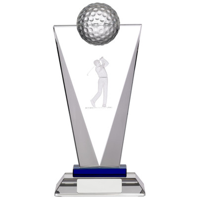 Pinnacle optic crystal glass laser engraved golf trophy available in 3 sizes and includes a FREE silk lined presentation box