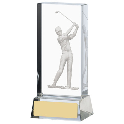 Optic crystal Glass Golf trophy with 3D swinging golfer image. This award is available in 3 sizes and includes a FREE silk lined presentation box.