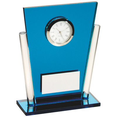 Blue glass clock. The perfect gift and available with FREE personalised engraving.
