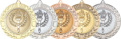 Gold, Silver, Bronze, Antique Gold and Antique Silver 70mm Wreath Torch & Flame Medals with 2" centres