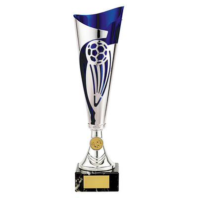 Champions silver and blue laser football cup with FREE engraving at 1st Place 4 Trophies