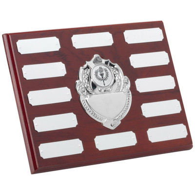Mahogany 12 Year Engraving Plaque with 13 chrome engraving plates.