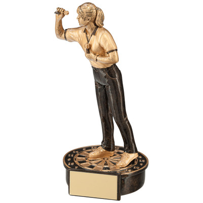 Female darts player trophy on dartboard base with engraving plate