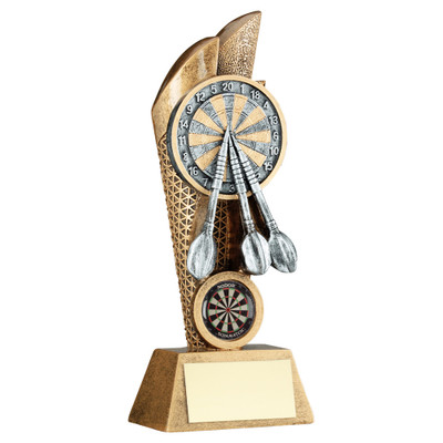 Dartboard & Darts Mesh Backdrop Trophy With Custom Logo.