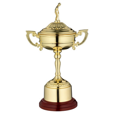 Gold Finish Ryder Cup On Round Base With Plinth 12 inches tall
