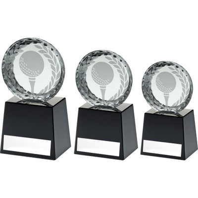 Clear Glass Golf Circle With Image On Black Plinth in 3 Sizes