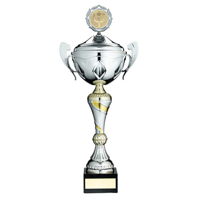Silver & Gold Trophy 16" Cup With Handles, Lid And Plate Personalised Engraving & Custom Logo