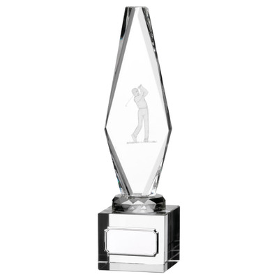 Diamond optic crystal glass golf trophy available in 3 size. These awards include FREE engraving AND silk lined presentation box.