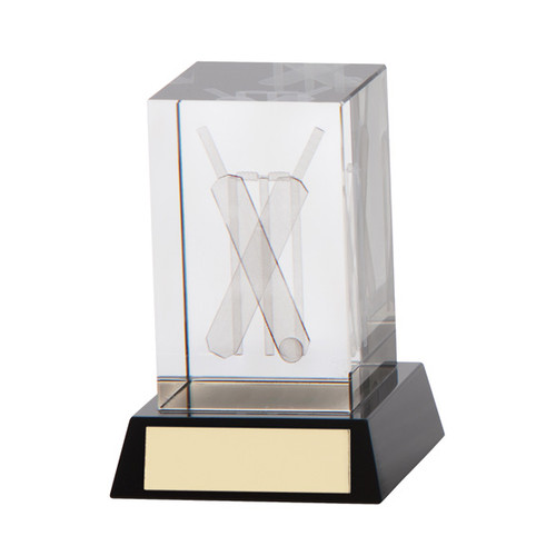 Stunning cricket crystal glass trophy 3D bats wickets and ball award