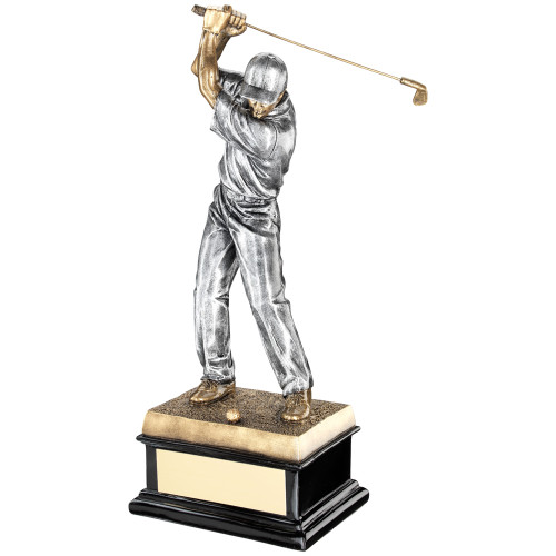 Superior male silver and gold golf award standing on a large sturdy trophy base swinging a golf club