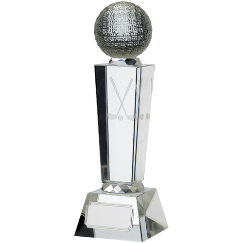 3D laser engraved optic crystal glass golf trophy available in 3 sizes and includes FREE silk lined presentation box